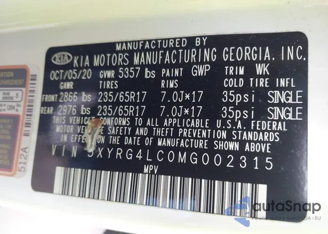 2021 Kia Sorento Lx z USA, uszkodzony, nr VIN 5XYRG4LC0MG002315